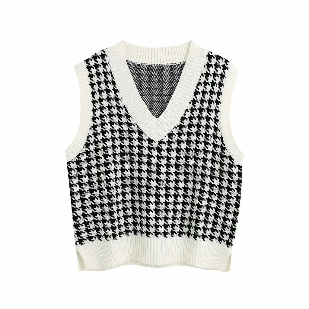 

Women's Sexy Houndstooth Sweater Sleeveless Vest Top Loose Fit Autumn Fashion European And American Style