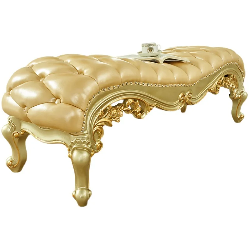 

European style bedside stool sofa, solid wood carving flower European and American bedroom bedside stool shoe changing stool