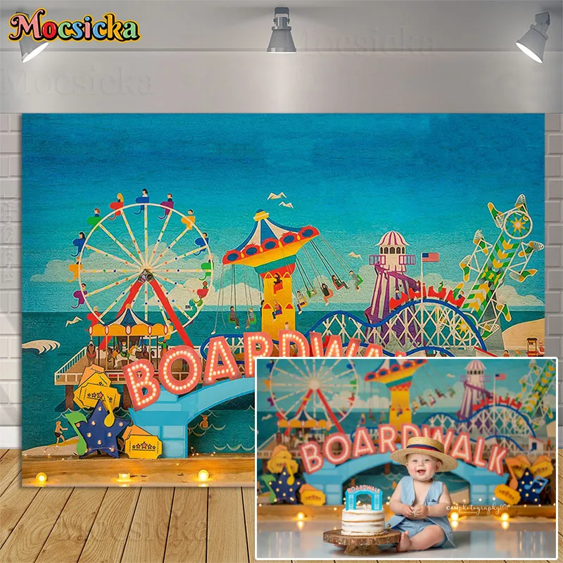 Fondo de fotografía para fiesta de vacaciones, decoración de parque de atracciones, Noria, accesorios, pastel de cumpleaños para niños, foto de fondo