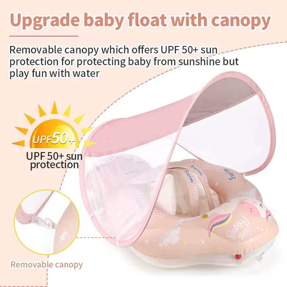 Unicórnio inflável infantil Swim Rings Barco do assento do bebê Anel de flutuador da piscina infantil Sombra solar removível Colete salva-vidas do dossel, rosa, B