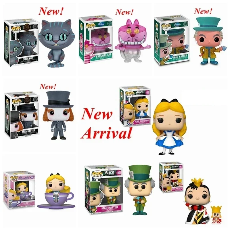 Nuevo Funko Pop # 54 # 1058 Alicia # 181 Gato de Cheshire 35 # # 1060 Sombrerero Loco 36 # # 183 Queen 1063 figura de acción de vinilo modelo juguete para regalo