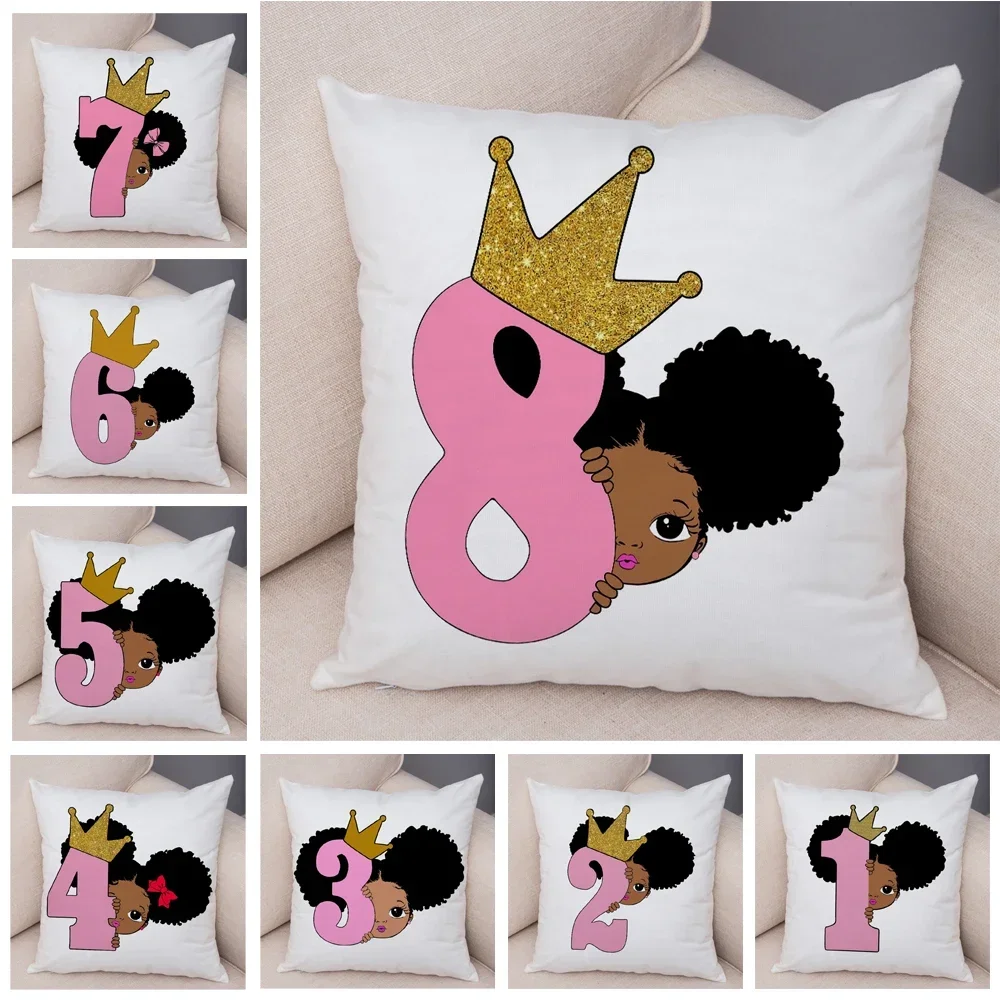 Africa Crown  Number Cushion Cover for Sofa Home Child Room Decor Cute Cartoon Black Girl Pillow Case Soft Plush Pillowcase