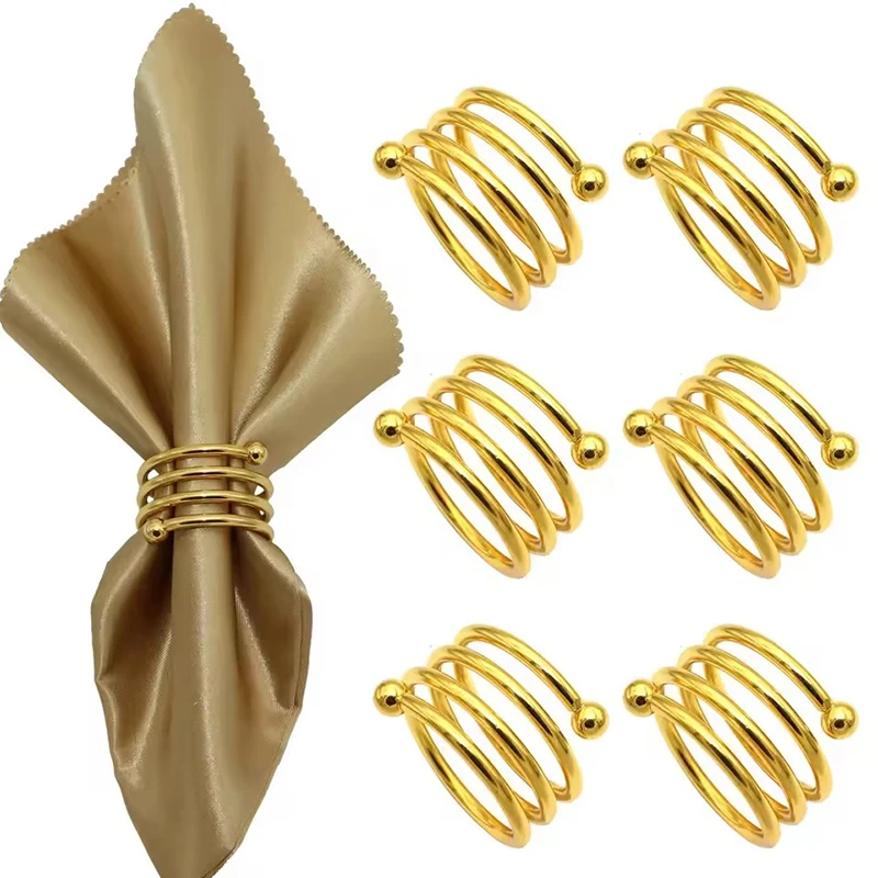 6 Stück Metall-Spiral-Serviettenringe, goldfarbener Serviettenhalter für Zuhause, Hotel, Abendessen, Hochzeiten, Empfänge, Bankett, Esstisch-Dekoration