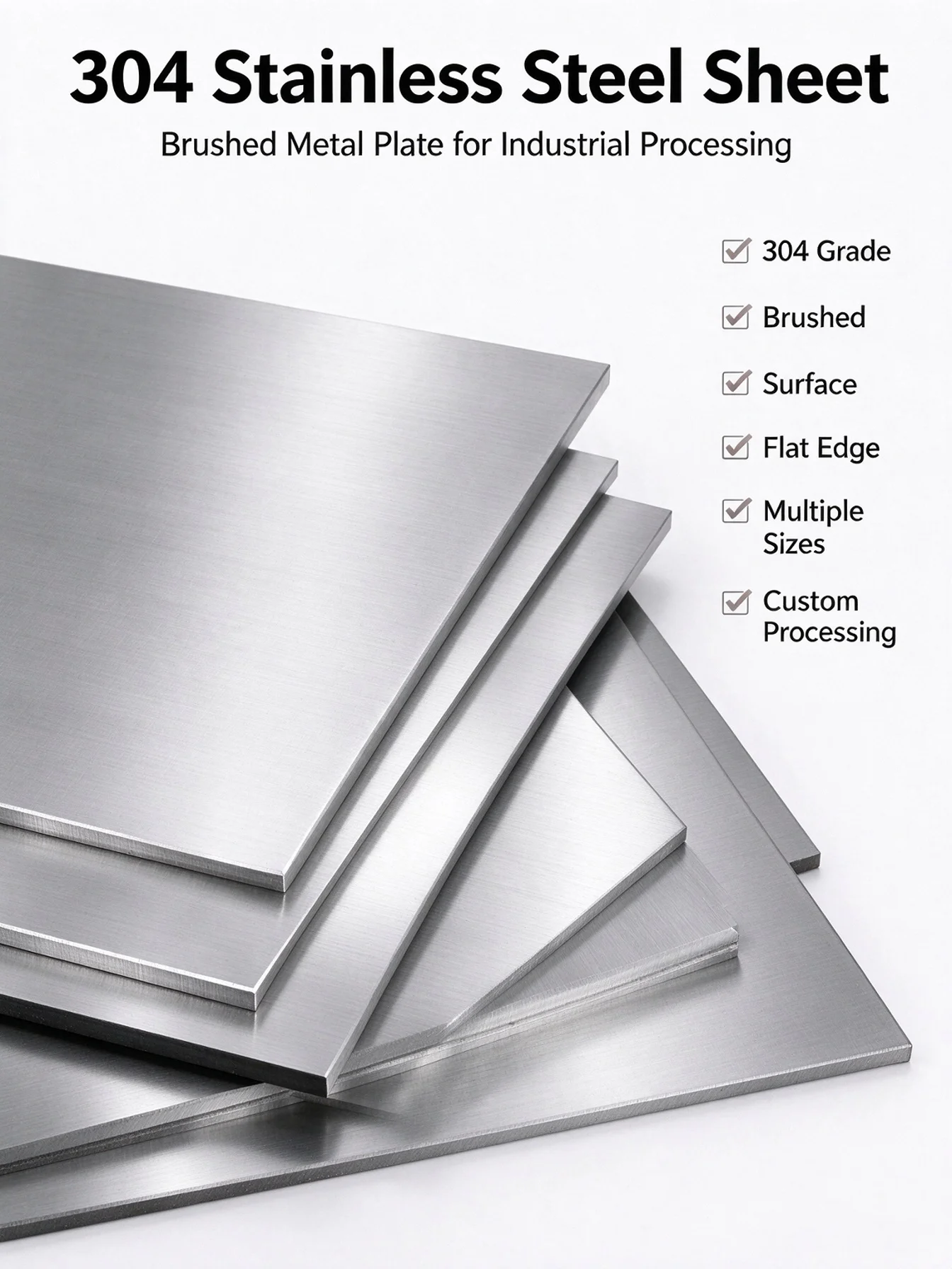 304 Stainless Steel Sheet Plate, 1mm to 5mm Thickness, Brushed Surface, Custom Cutting Machining, High Precision Metal for Machi
