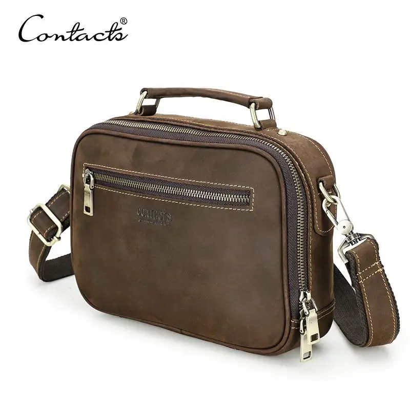 Crazy Horse Leather Men's Shoulder Bag Small with Keychain Holder Vintage Messenger Crossbody Bag Luxury Travel Handbag Tote