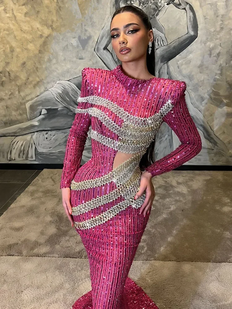 2024 Women Celebrity Sexy Long Sleeve Sequins Pink Sparkly Maxi Long Gowns Dress Elegant Evening Party Club Vestido