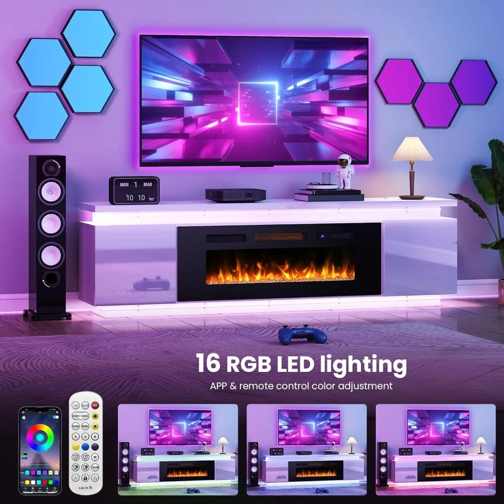 مركز ترفيهي لـ 85 تلفزيونًا مع 40 مدفأة مدمجة ومصابيح LED، يتميز بـ 4 منافذ طاقة تيار متردد