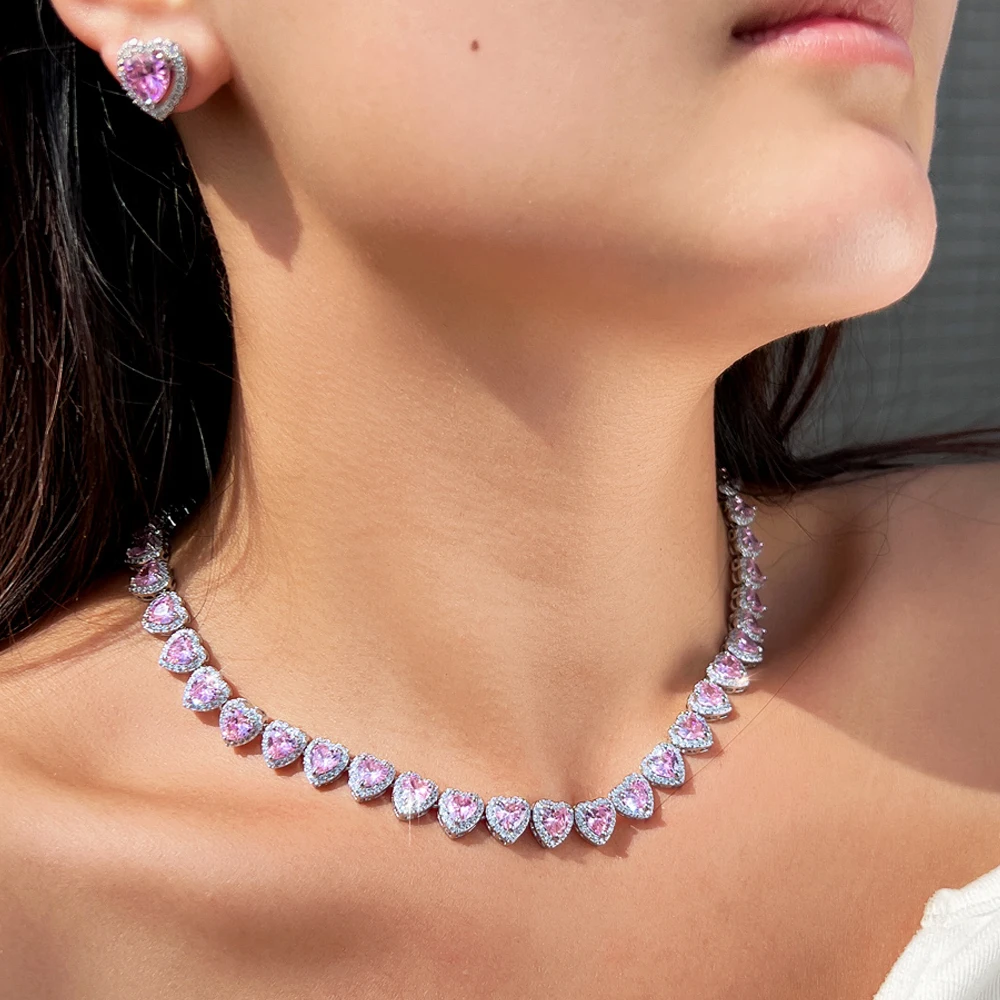ThreeGraces Sparkling Pink Cubic Zirconia Heart Shaped Tennis Necklace and Earrings Bridal Wedding Jewelry Set for Women T1087