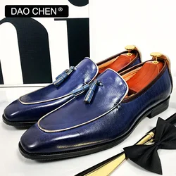 LUXURY BRAND MEN LEATHER SHOES BLUE BLACK TASSEL LOAFERS SLIP ON ELEGANT MEN DRESS SHOES WEDDING OFFICE CASUAL MEN SHOES