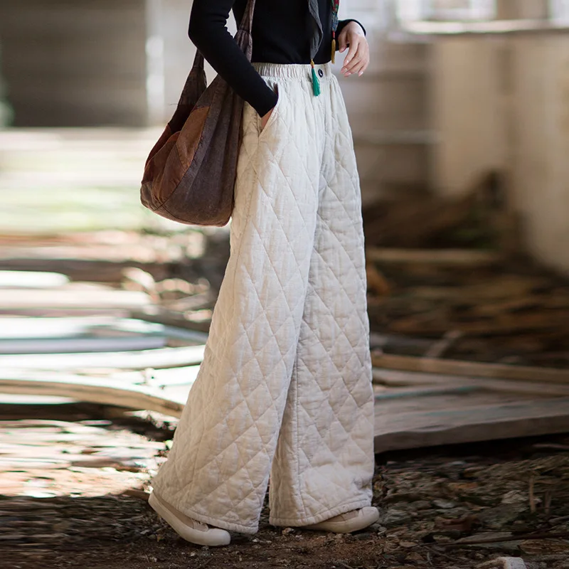 

2025 Winter Women's Quilted Trousers: Thickened Ramie-Cotton, Straight Leg & Artistic Vibe.