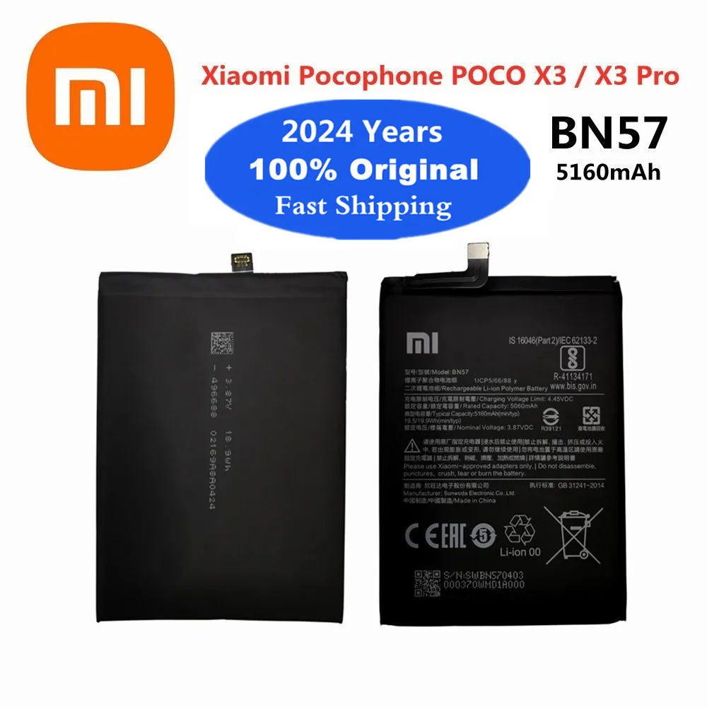 

2024 years BN57 Xiao Mi Original Battery 5160mAh For Xiaomi Pocophone Poco X3 / X3 Pro NFC 5160mAh Mobile Phone Battery Bateria