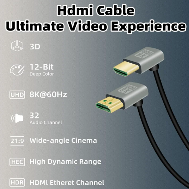 HDMI-compatible Male 90 Degree Angled 8K@60Hz 4K@120Hz 48Gbps Ultra High-Speed Gold-Plated Cable for TV, Monitor, Computer