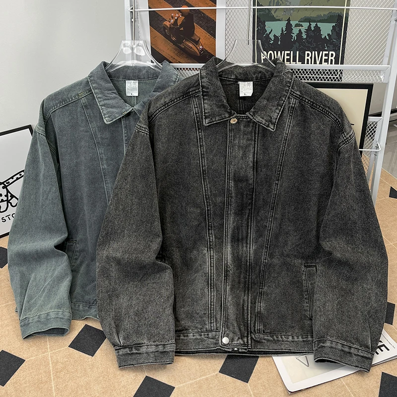 

Patchwork Denim Jacket For Men Lapel Zipper Washed Vintage Jackets Heavy Distred American Casual Loose Simple y2k Male Coat