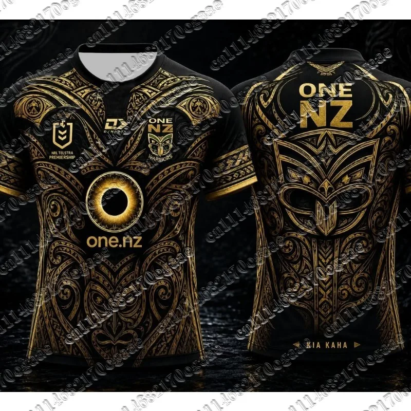 Men's Warriors Rugby Jersey Black Gold Maori Tribal Print Short Sleeve Sport Shirt Fashion Graphic Athletic Tops for Fans Kids