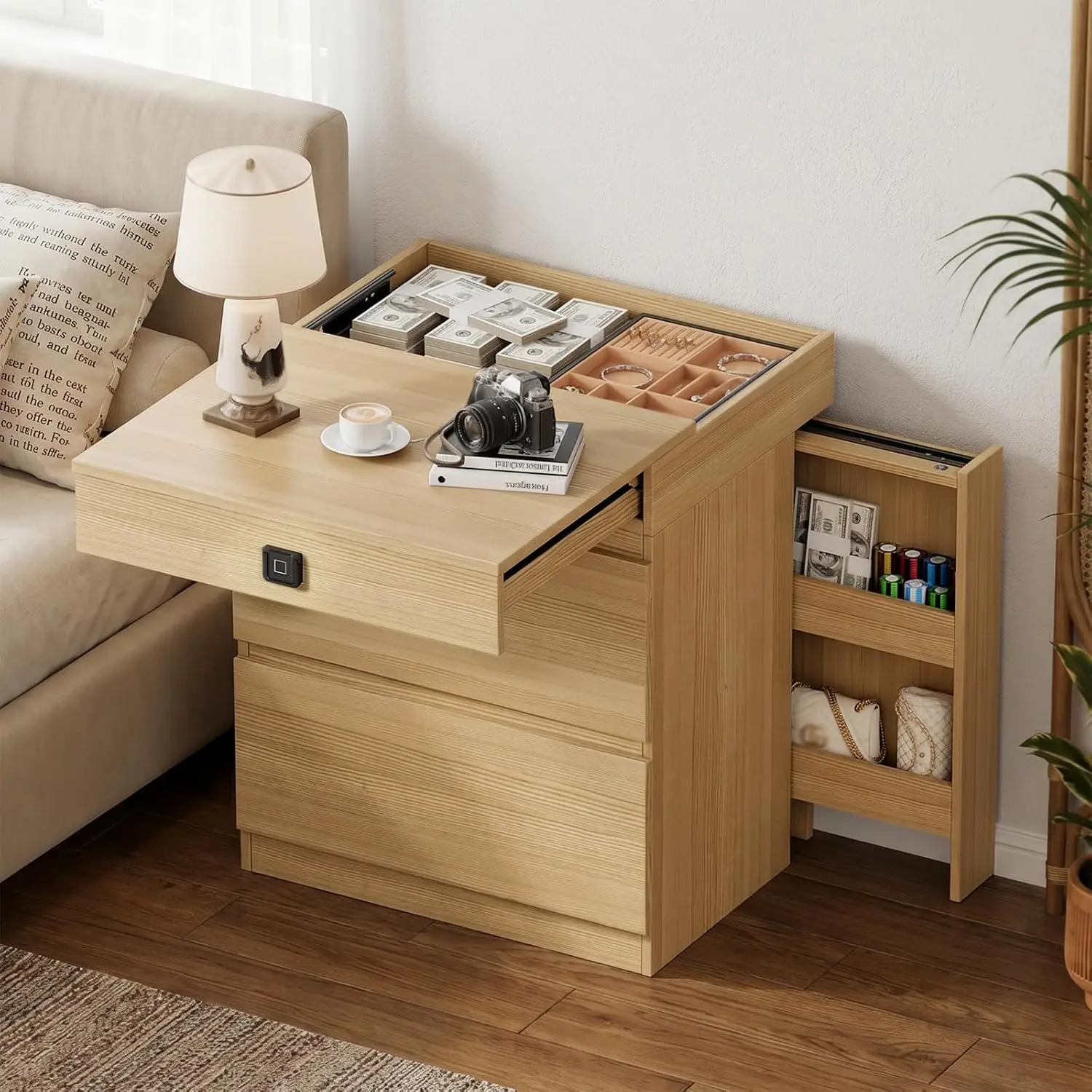 Wood Nightstand Hidden Compartment Fingerprint Lock, 3-Drawer Bedside Table Side Storage, Bedroom End Table Jewelry Safe, Custom