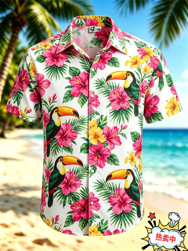 

Men's Shirts Vibrant Parrot Toucan Tropical Floral Print Hawaii Shirts Casual Short Sleeve Beach Shirt For Men Summer Vacations