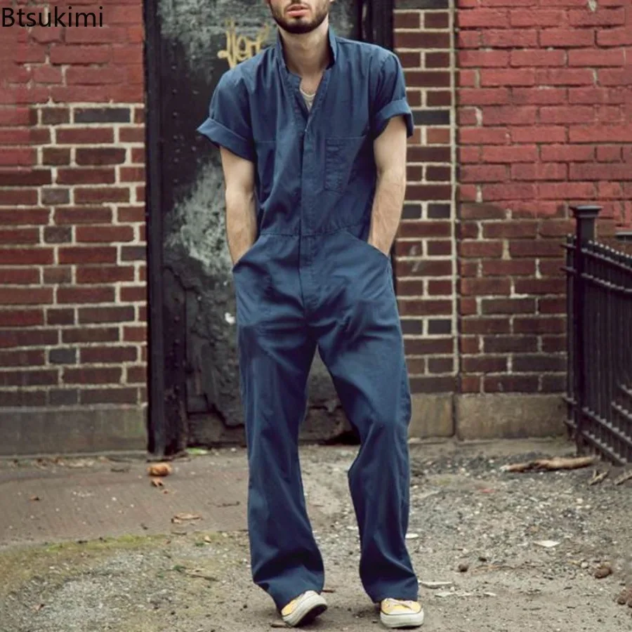 2026 Men's Casual Streetwear Loose Zipper Jumpsuits Multi Pocket Short Sleeve Rompers Spring Summer Solid Overalls Men Workwear