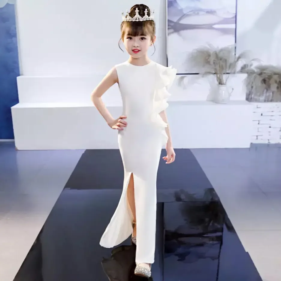 Vestido de noche blanco con volantes y abertura lateral para niños, vestidos de baile Bodycon para niñas, vestidos de fiesta de boda de sirena