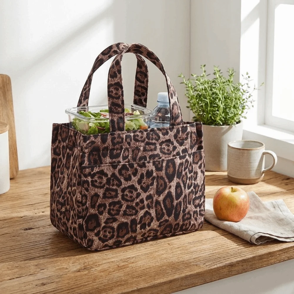 Vintage Leopard Print Leopard Print Lunch Bag Large Capacity Multi Pocket Tote Bag Canvas Lightweight Lunch Handbag School