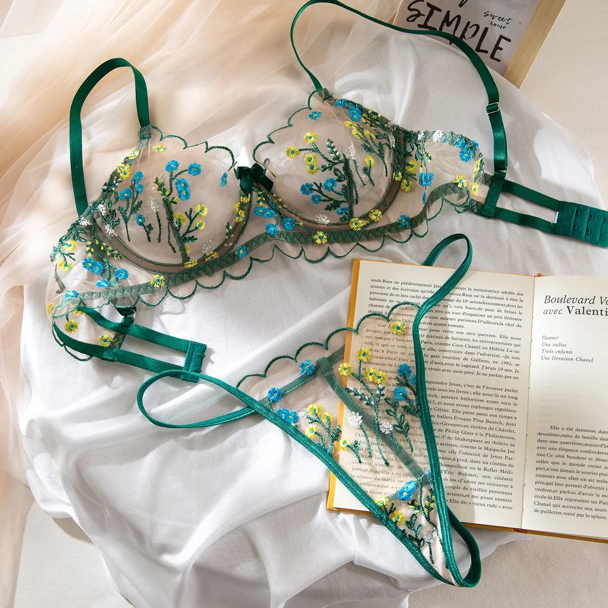

2-Piece Floral Embroidery Intimates Set Women Sheer Sexy Lingerie Bra + Thong Underwear Set