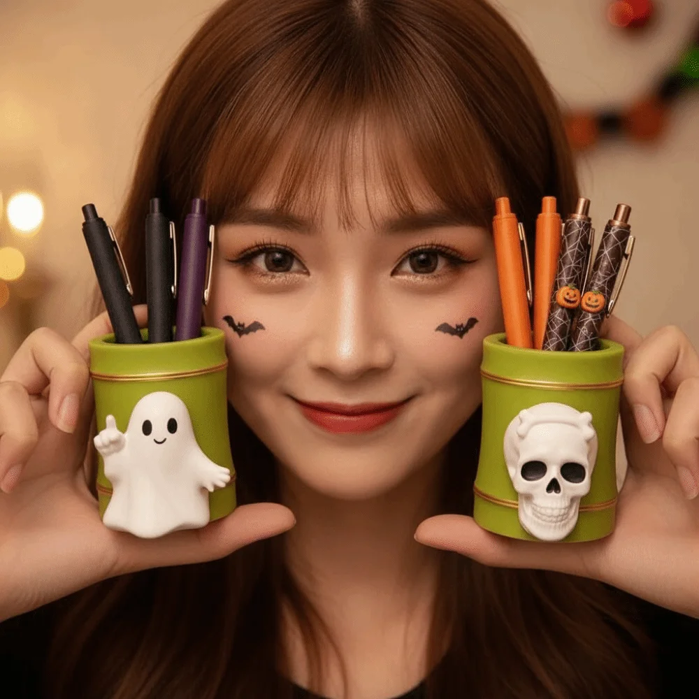 Creative Halloween Pen Holder Vivid 3D Waterproof Skull Desk Organizer Durable Sturdy Base Vinyl Stationery Pot Office Workers