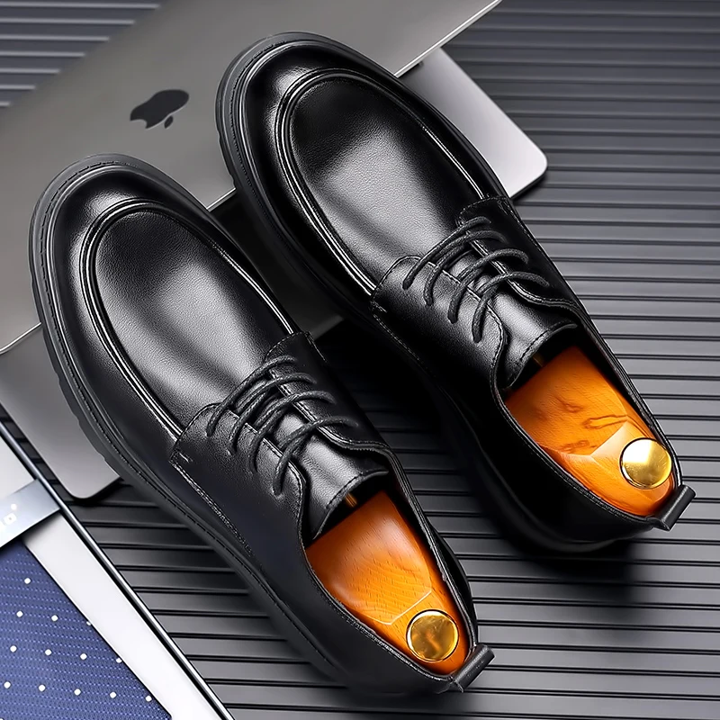 

Leather shoes men's leather spring and autumn new soft leather British business dress shoes inner heightening shoes black casual