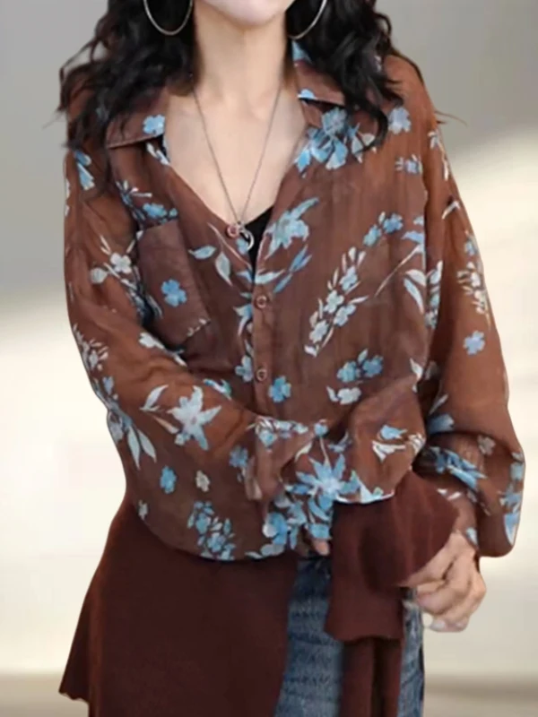 Retro Sle Casual Stampa floreale Lungo Sve Ne irt Donna Primavera Autunno Lazy Faionable Top dall'aspetto giovane