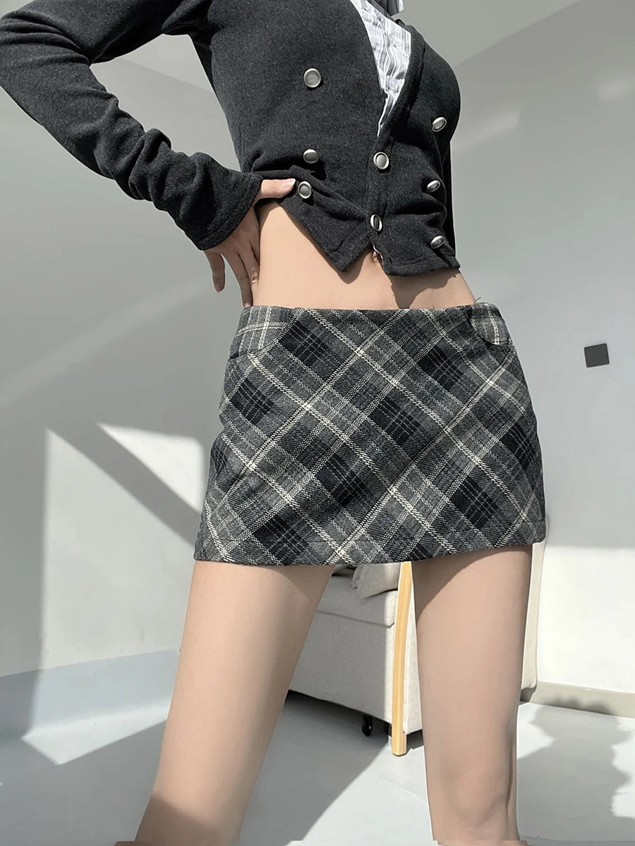 

Low Waist A-Line Skirt Women's Checkered Contrast Color Pockets Slimming Flared Skirts Casual Sexy Style Cotton Material