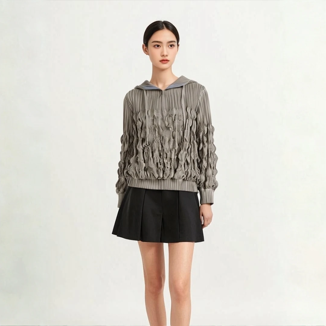 

Miyake Fold 2025 New Style Spring and Autumn Western Style Loose Cardigan Hoodie Women's Fashion Bubble Pressed Fold Top Women