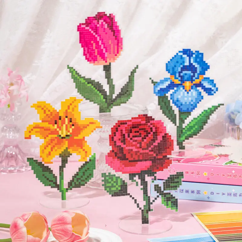 

Card Lover 3 Pcs [Dotted Bouquet Series]Synthetic Paper Lily Rose Acrylic Pixel Bead Style Stickers for Journaling Scrapbooking