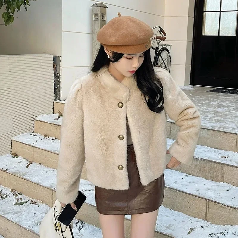 2025 New Imitation Fur Coat Women's Autumn Winter Stand-UP Collar Mao Mao Outerwear Female Short Fur-Like Padded Overcoat Ladies