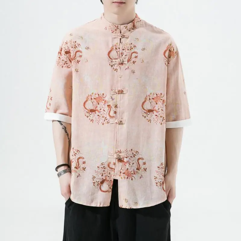 Men's Streetwear Hanfu Shirt Loose Fit Short Sleeve Top with All-over Dragon Pattern Traditional Knots Summer Streetwear Clothes