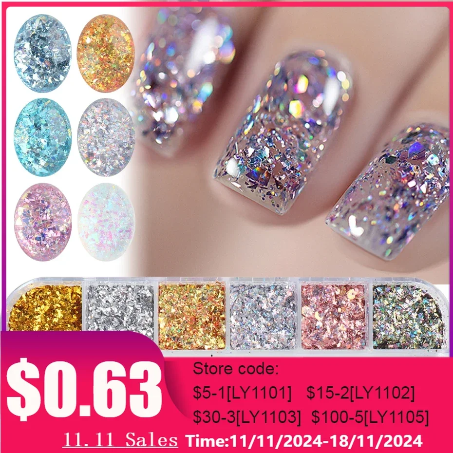 6/12 Grids Mermaid Gradient 3D Glitter Pallette Nail Art Irregular Broken Glass Flake Sequin Crystal Acrylic Nails Decor LYJX03