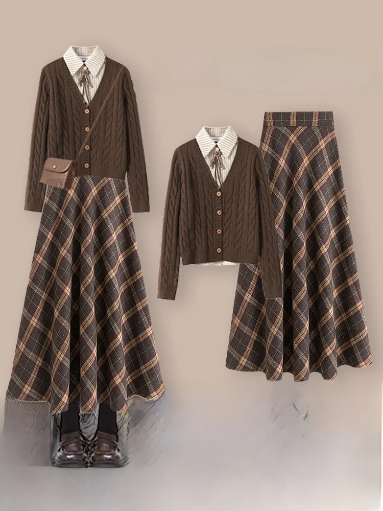 

Корейский модный комплект для колледжа: осенне-зимний вязаный топ и юбка в клетку с высокой талией, облегающий крой, имитация двух предметов, повседневная одежда