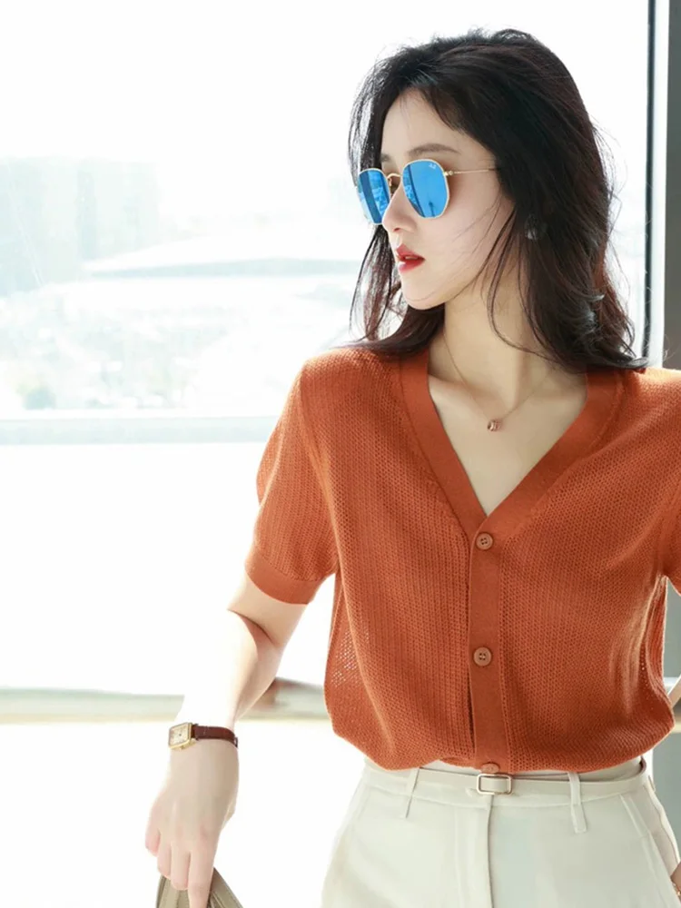 

Faionable V-Ne Ice Silk Трикотажный топ с одной пуговицей ort Sve Pure Color Простой универсальный женский летний топ irt