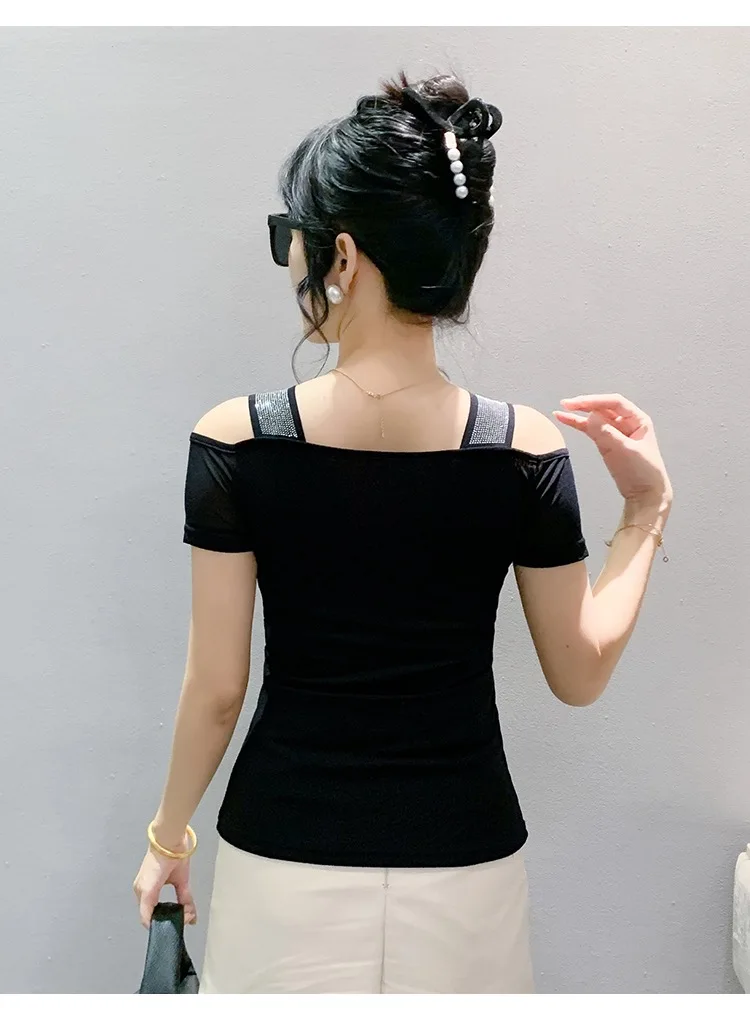 New Designer Hot Diamond Mesh T-Shirt Women Korean Style Sexy Off Shoulder Slim Tee Summer Casual Streetwear Tops