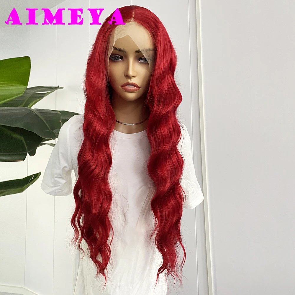 AIMEYA  Red Long Wig Natural Hairline Loose Wave Lace Front Wig for Women Daily Use Heat Resistant Synthetic Hair Blue Purple