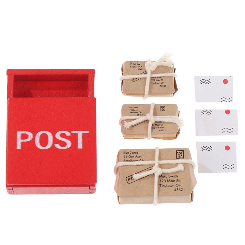 7 pz/set casa delle bambole in miniatura cassetta delle lettere rossa posta cassetta postale sacco postale cartolina per gnomo fata porta da giardino mobili decorazioni per la casa
