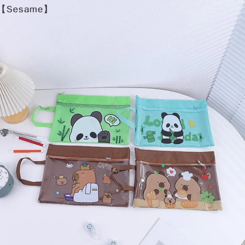 〔Sesame〕Portable Transparent File Bag Cute Fashion Zipper Documents Bag  Capybara Panda File Bag Large Capacity Storage Bag
