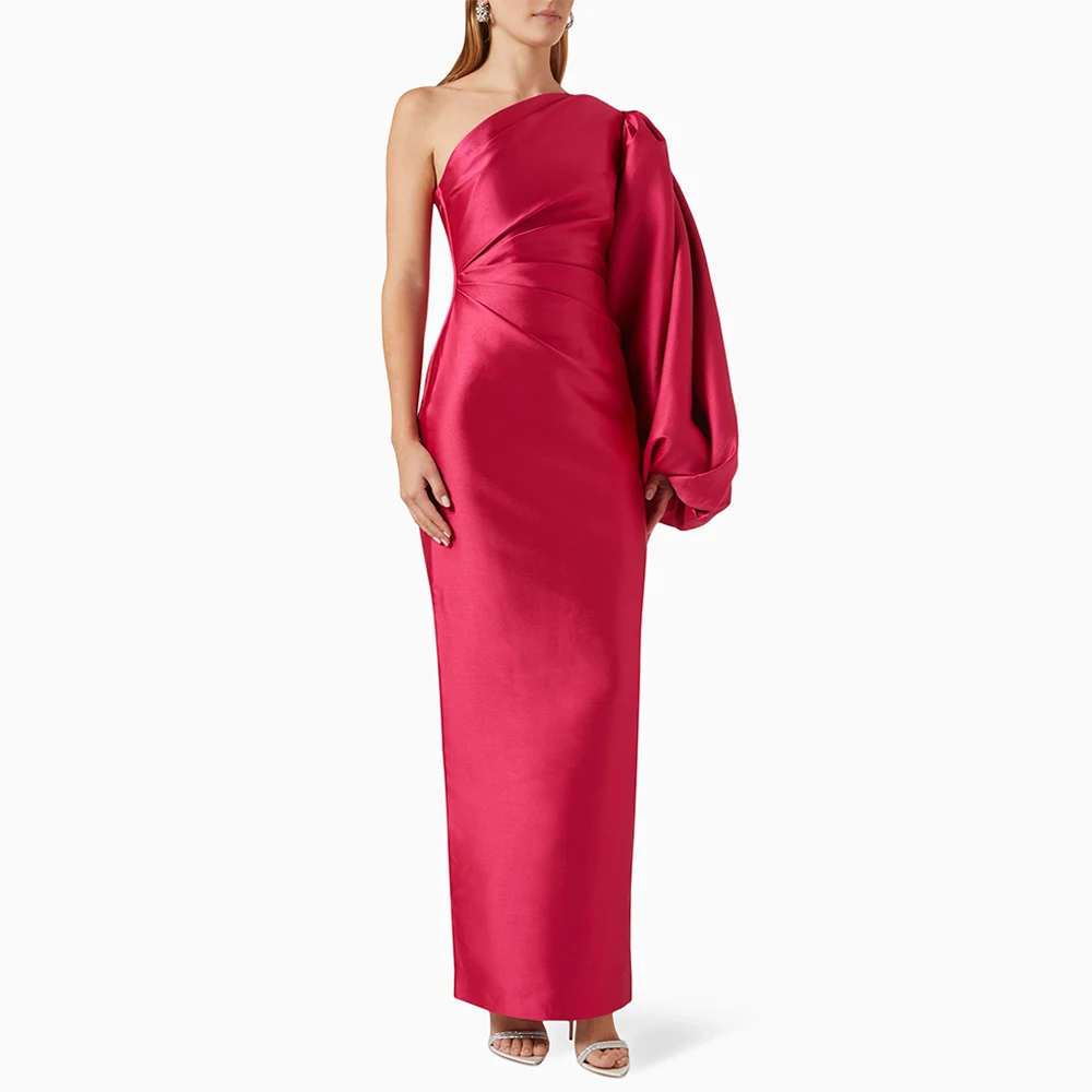 

Satin Prom Dress One Shoulder Puff Sleeve Hot Pink Women's Evening Gowns Maxi Sheath/Column Back-Slit Pleats Wedding Guest Dress