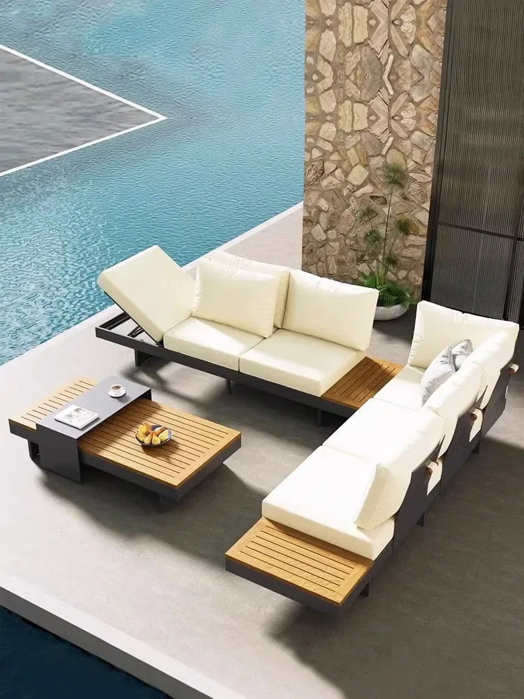 

Outdoor sofa courtyard rattan balcony, open-air solid wood rattan chair sofa furniture combination