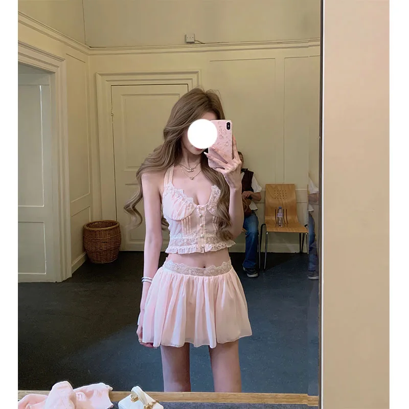 

Low Waist Lace Splice Top And Half Skirt Set Girl's Sensation Fashionable Slimming Look Summer Season Women's Two-Piece Suit
