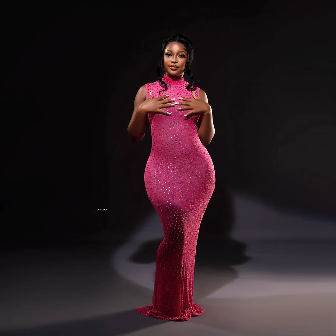 

Sexy Rose Red Rhinestones Bodycon Mermaid Prom Party Dresses African Women Sleeveless Crystal Floor-length Long Evening Dress