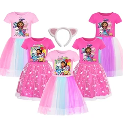 Gabbys Dollhouse Clothes Baby Girls Rainbow Dresses with Headdress Kids Cartoon Gabby Cats Tastic Wedding Party Princess Vestido