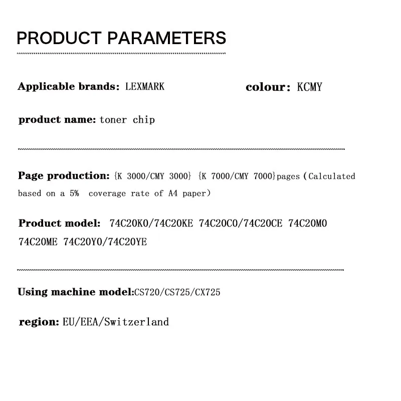 74C20K0/74C20KE 74C20C0 74C20M0 74C20Y0 74C2SK0/74C2SKE 74C2SC0 74C2SM0 74C2SY0 Toner Chip for LEXMARK CS720/CS725/CX725