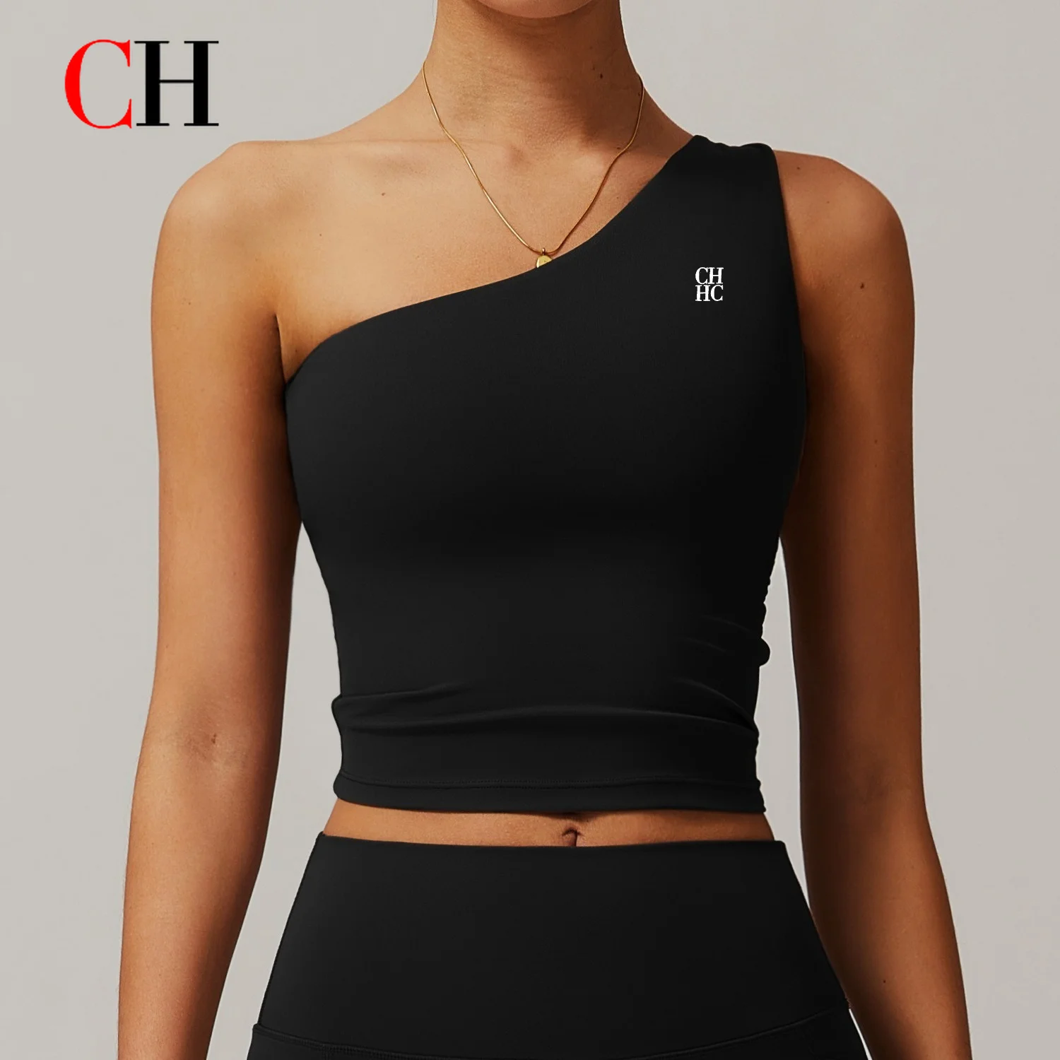 CH Women One Shoulder Workout Top Yoga Tank Slim Fit Sports Bra Crop Top Fitness Gym Activewear