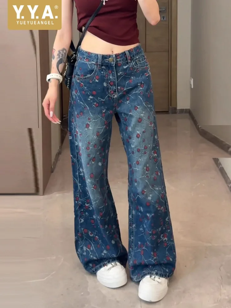 

Новый стиль, осенняя мода, вышитые женские широкие джинсы с высокой талией и карманами, свободный крой длиной до пола, повседневные повседневные джинсовые брюки
