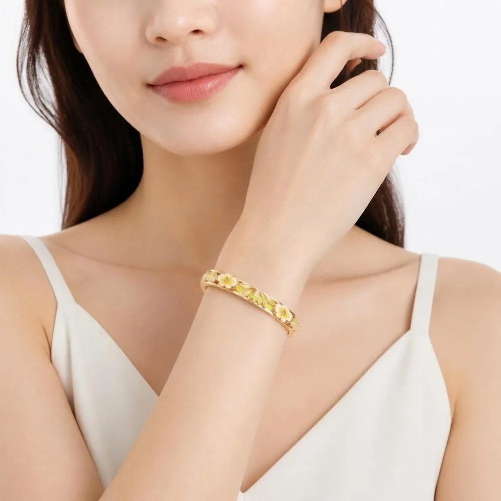 Elegant Enamel Floral Bangle Gold Plated Electroplating Cloisonne Bangle Rich Colors Chinese Style