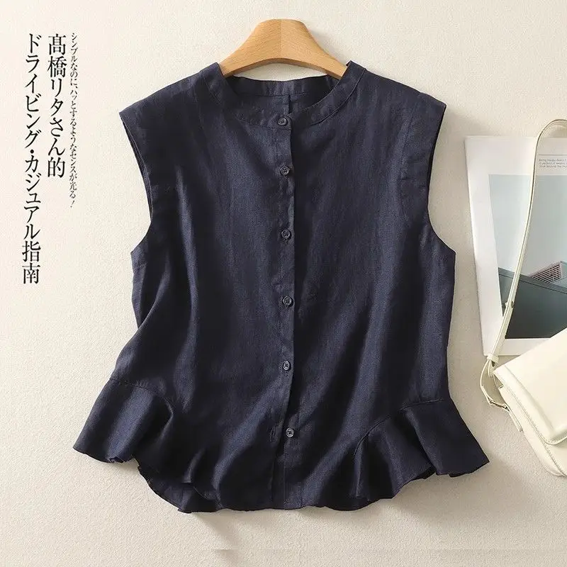 Dopamine Dressing Tank Top Cotton Linen Sleeveless Top Ruffled Hem Single-Breasted Shirt Summer New T-Shirt