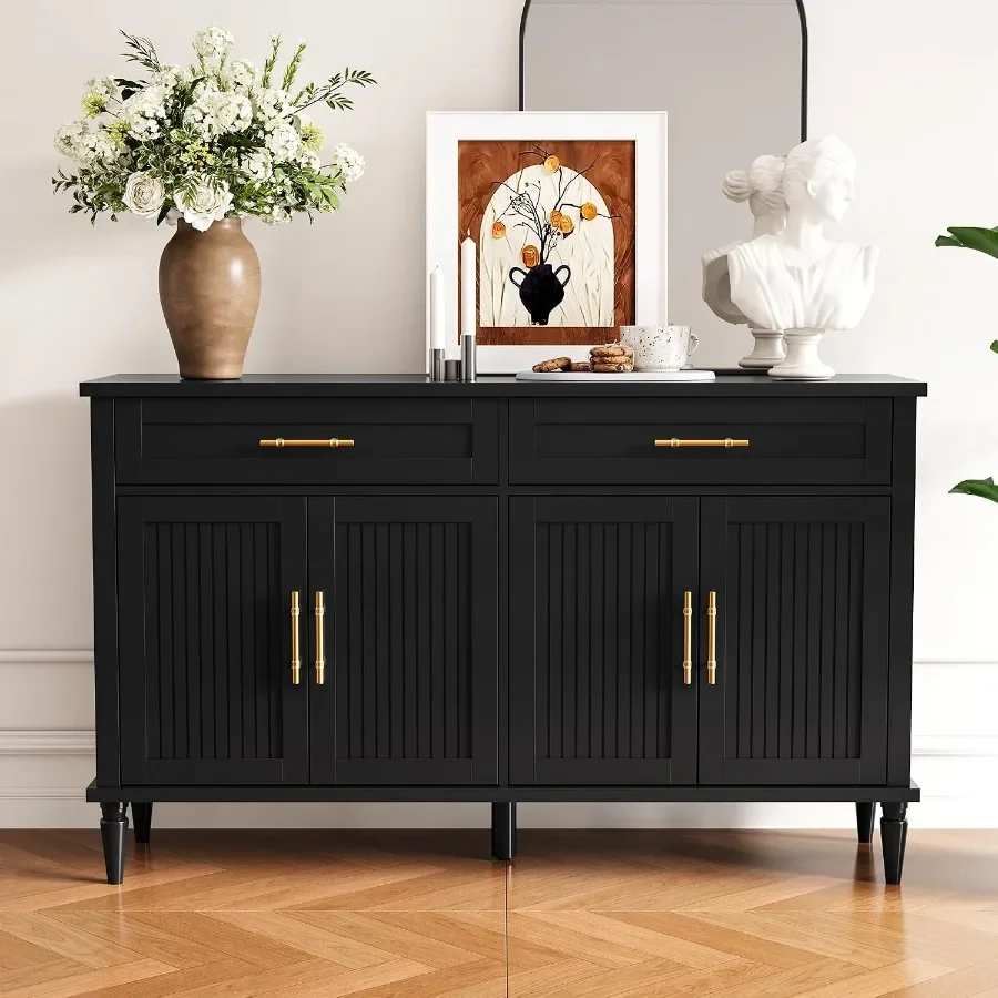 58 Inch Sideboard Buffet Cabinet with Storage, Fluted Buffet Storage Cabinet with 2 Drawers and 4 Doors, Modern Coffee Bar with